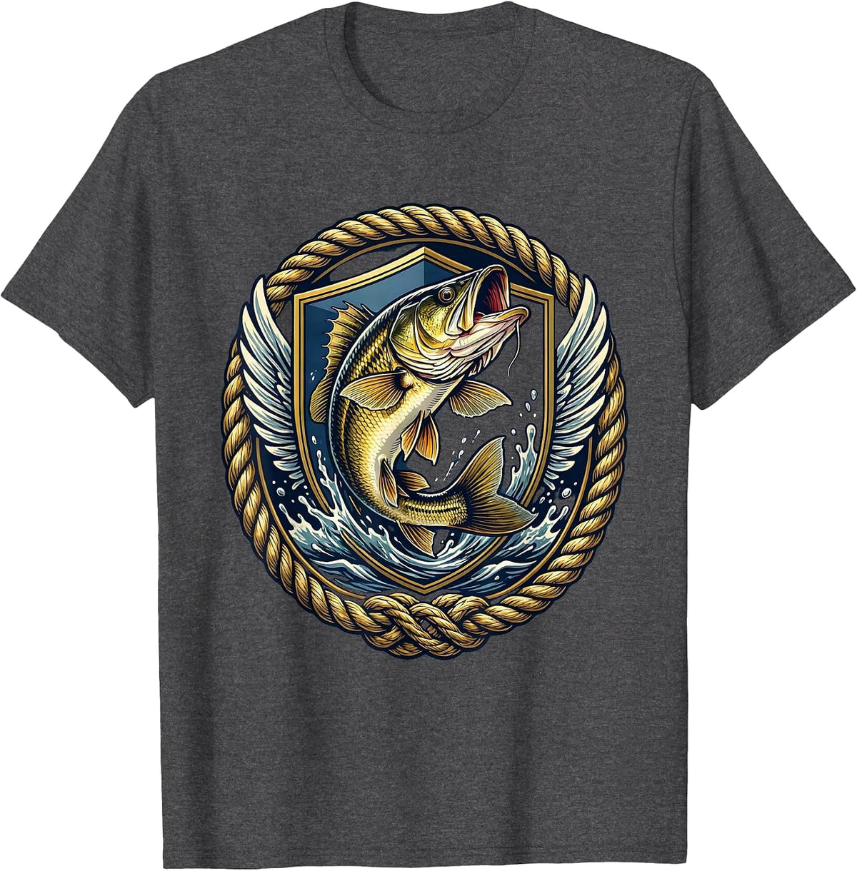 Men's Bass Fish Crashing Through Water Surface Design T-Shirt - Dark Heather Grey
