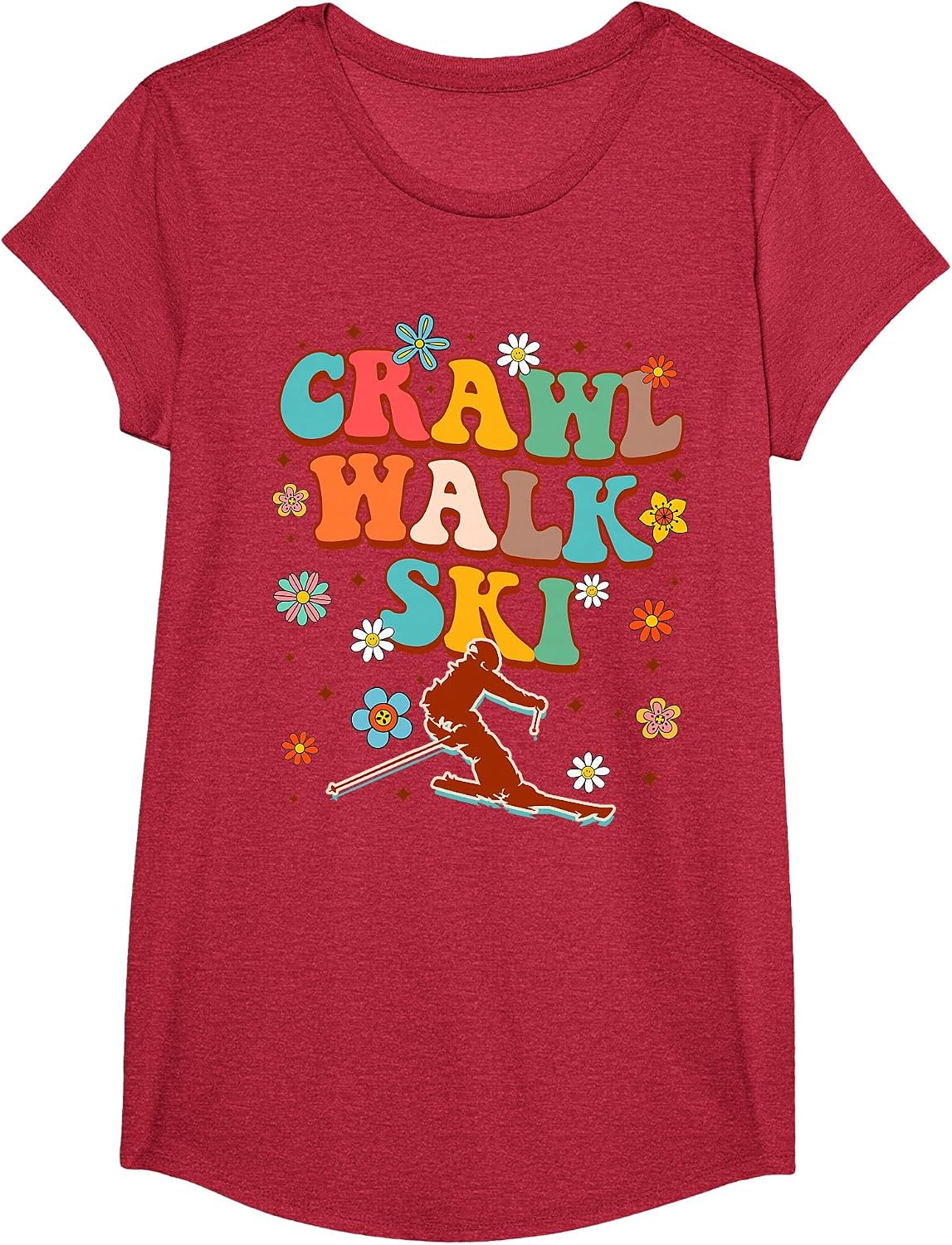 Snow Skiing Lover Winter Sport Baby Toddler Crawl Walk Ski T-Shirt - Girls Red Heather