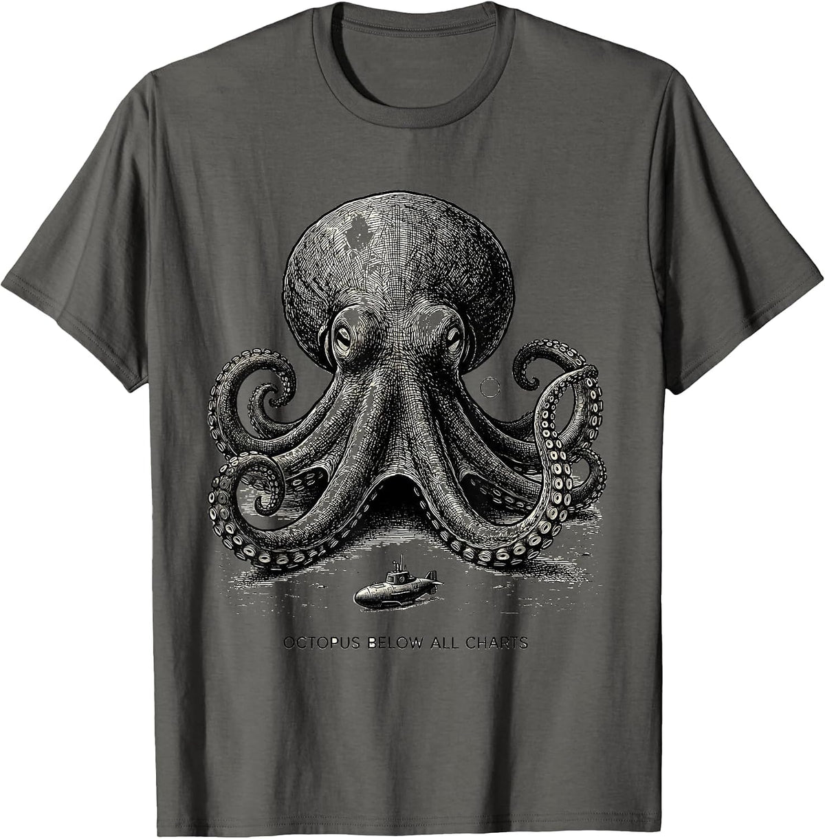 Octopus Below All Charts Monochromatic Ocean Animal Lover T-Shirt - Asphalt Grey