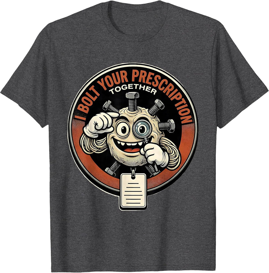 Men's I Bolt Your Prescription Together Retro Cartoon Optometrist T-Shirt - Dark Heather Grey
