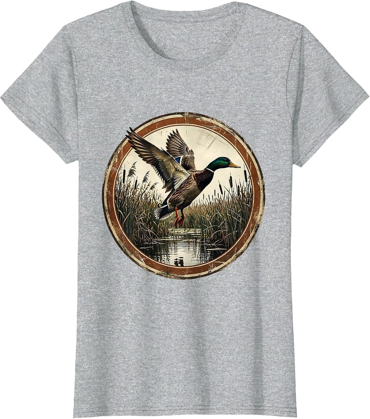 Duck Flying Over Marsh Reeds Hunting Graphic T-Shirt - Heather Grey
