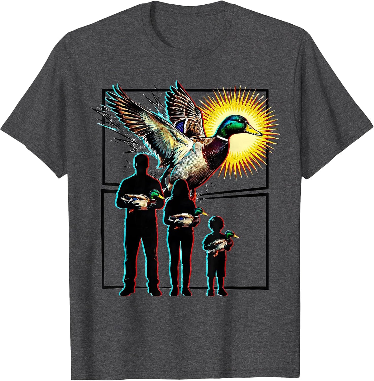 Comic Panel Mallard Duck Hunting Family Camo T-Shirt - Dark Heather Grey