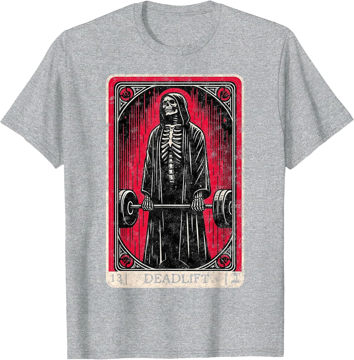 Vintage Deadlift Skeleton Tarot Card Weightlifting Gym T-Shirt - Heather Grey