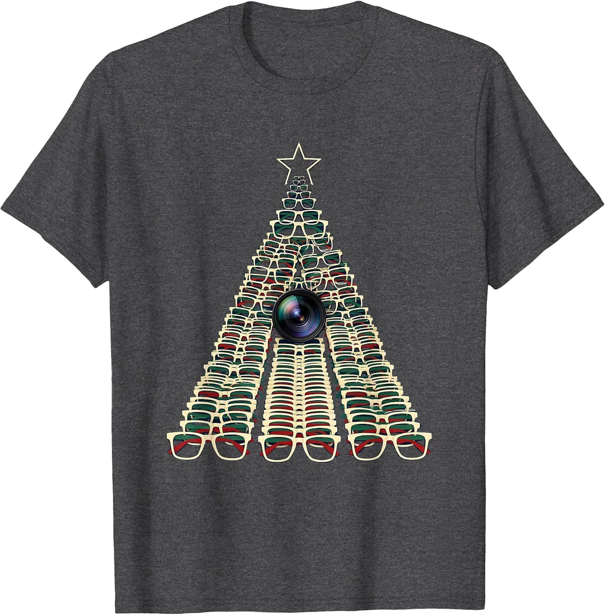 Men's Evergreen Spectacle Frame Geometric Optometrist Christmas T-Shirt - Dark Heather Grey