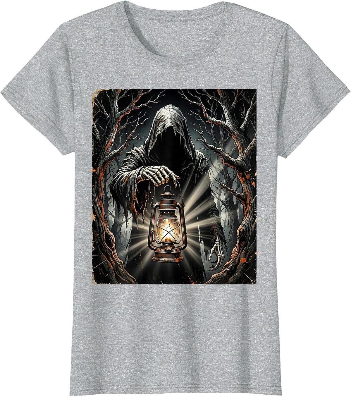 Dark Forest Lantern Cloaked Figure Heavy Metal T-Shirt - Heather Grey