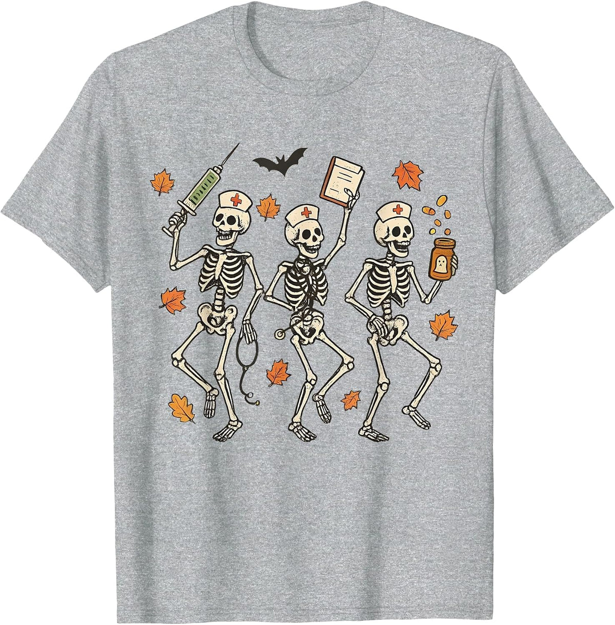 Funny Halloween Nurse Skeleton Dancing Spooky Season T-Shirt - Heather Grey