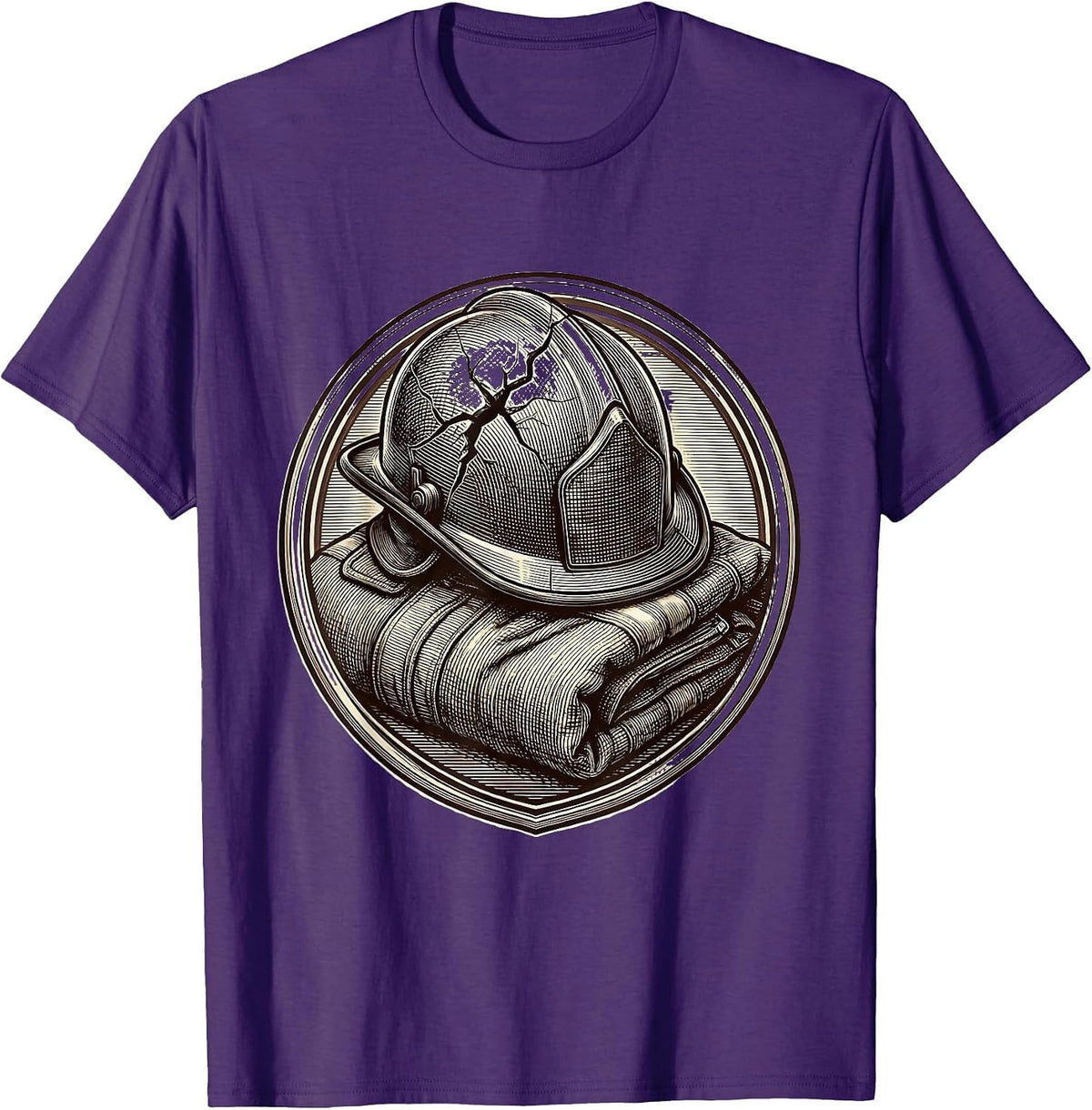 Cracked Firefighter Helmet and Folded Jacket Design T-Shirt - Purple