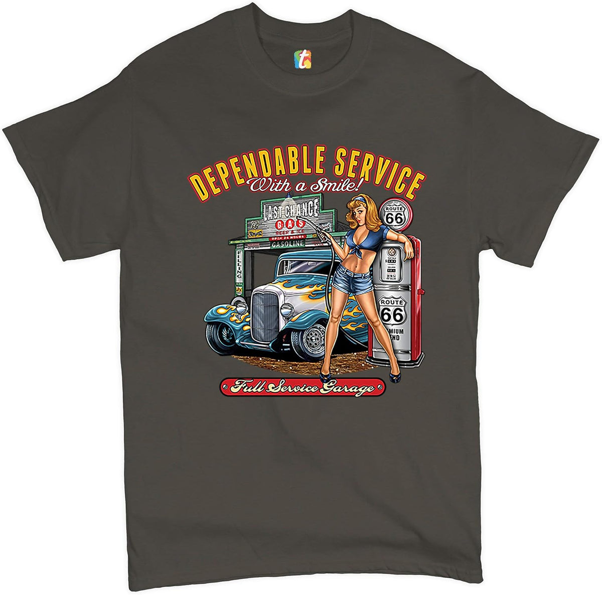 Dependable Service T-Shirt Route 66 Hot Rod Full Service Garage Men's Tee - Charcoal