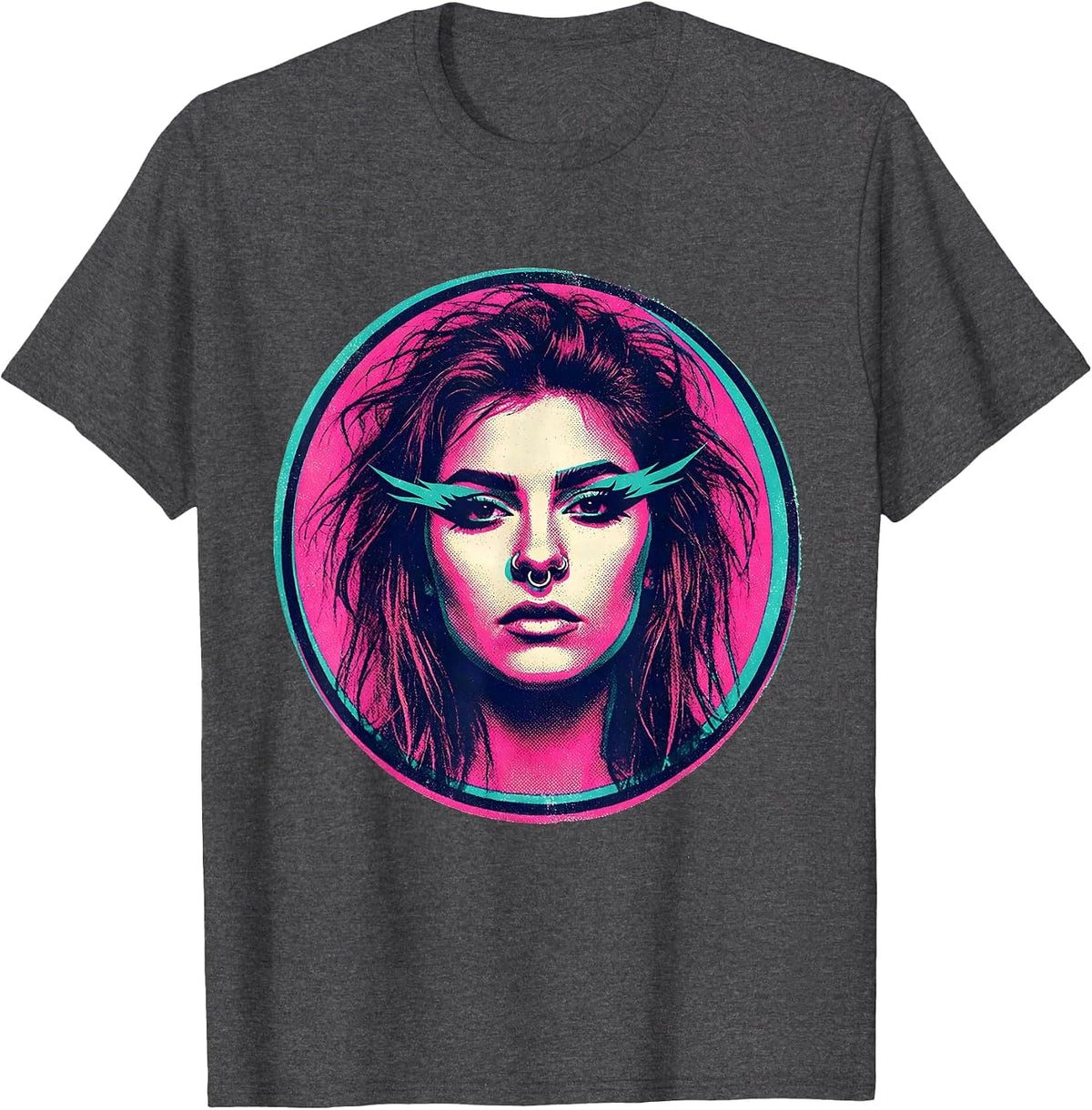 Men's Grunge Winged Eyeliner Nose Ring Illustration T-Shirt - Dark Heather Grey