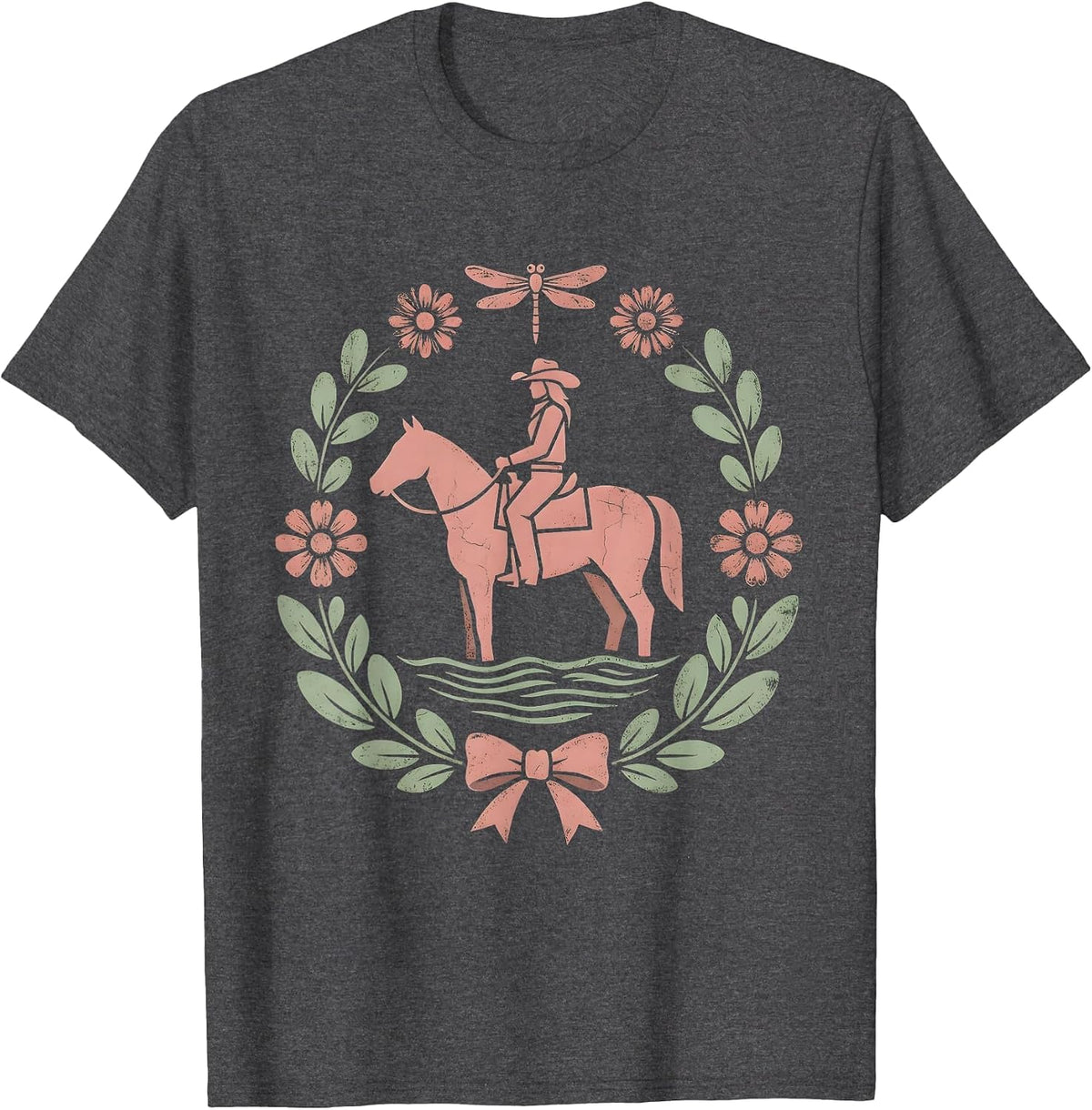 Cowgirl on Horseback River Crossing Illustration T-Shirt - Dark Heather Grey