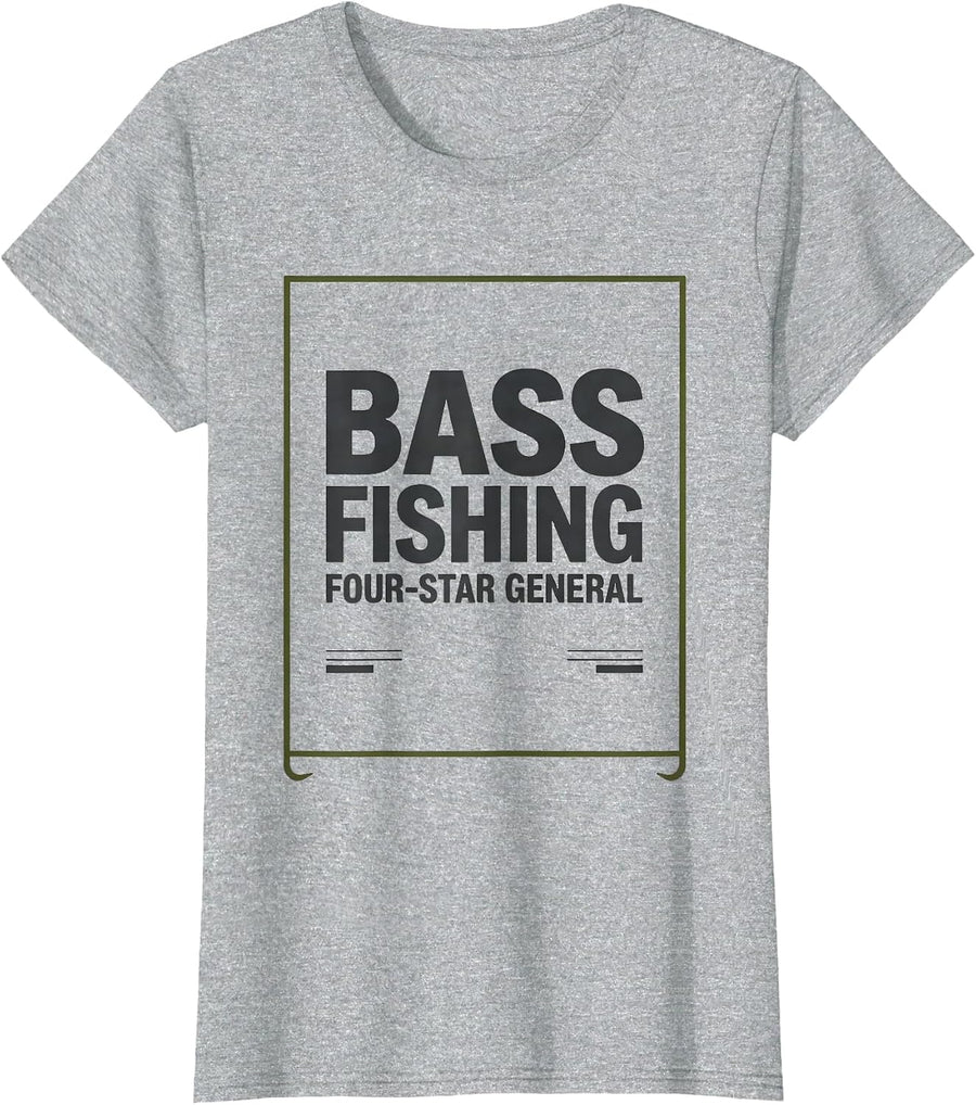 Bass Fishing Four-Star General Funny Fishing Dad Humor T-Shirt - Heather Grey