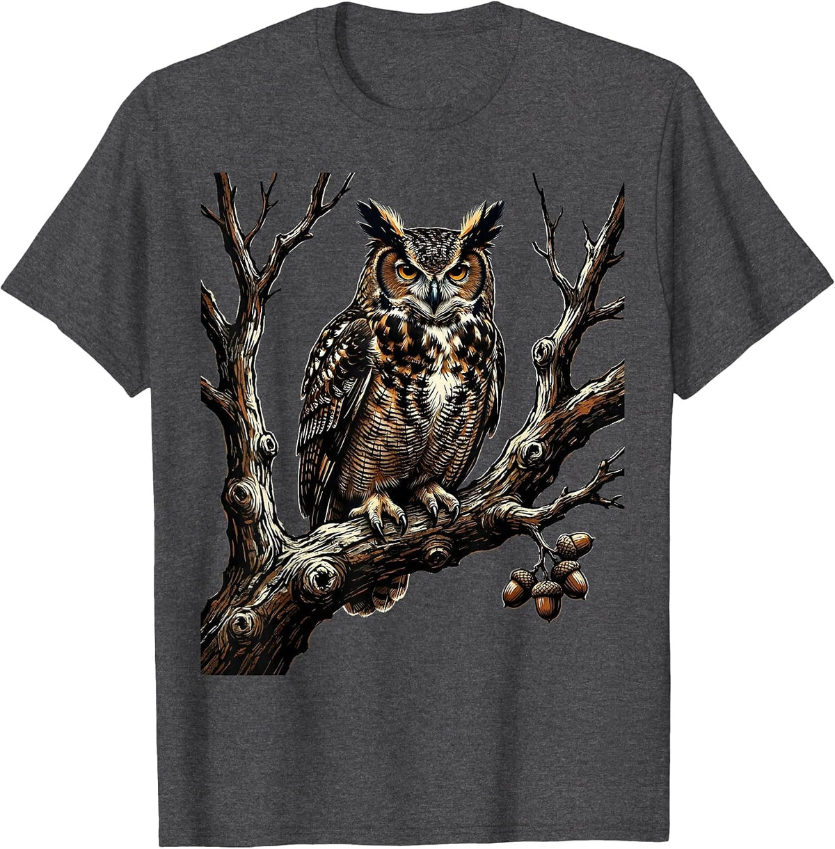 Men's Owl on Bare Oak Branch Fall Nature Illustration T-Shirt - Dark Heather Grey