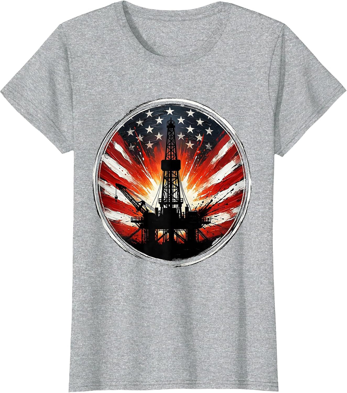 Women's Oil Rig Sunset Silhouette Graphic Design T-Shirt - Heather Grey