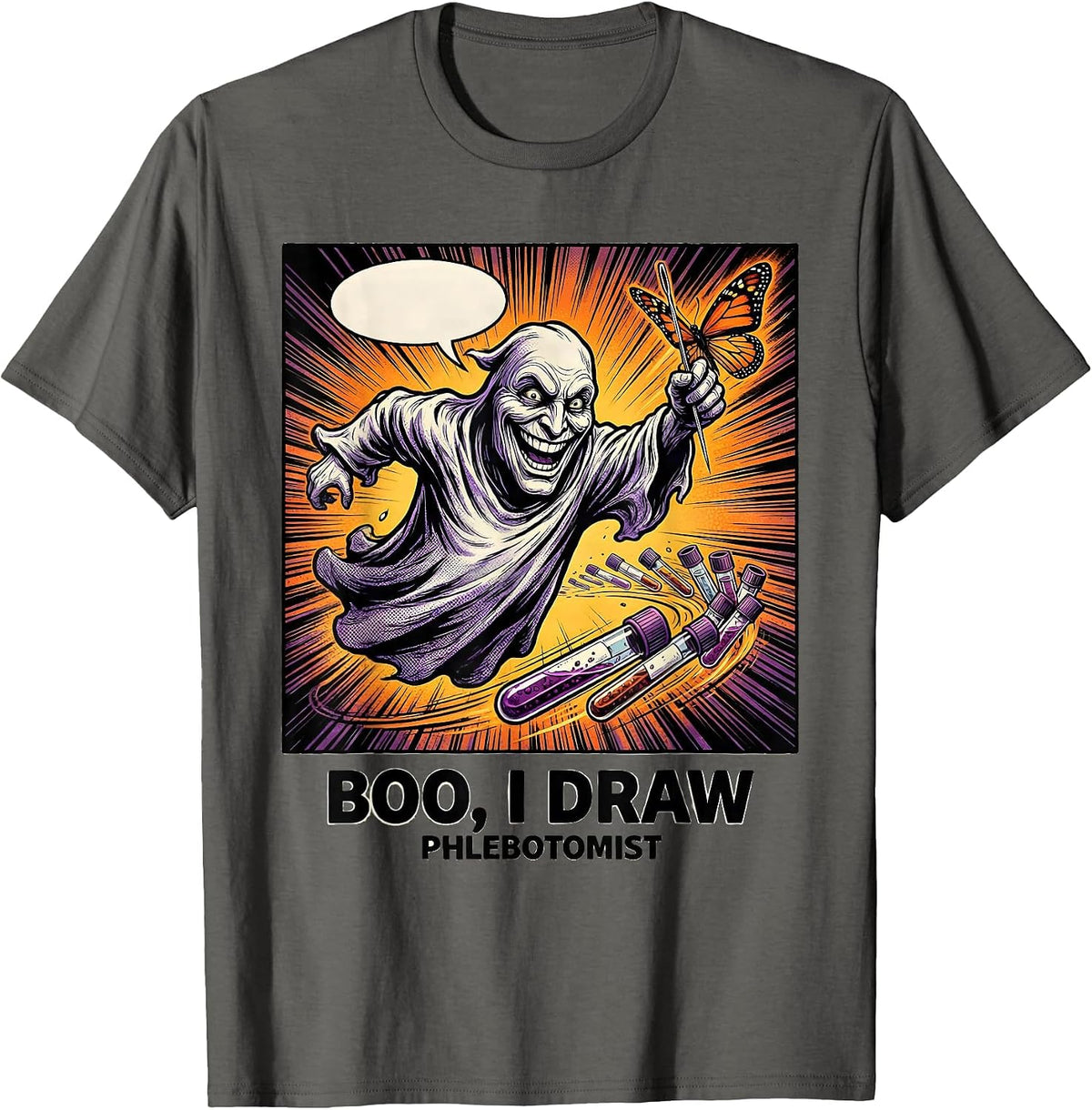 Men's Boo I Draw Phlebotomist Funny Ghost Nurse Halloween T-Shirt - Asphalt Grey
