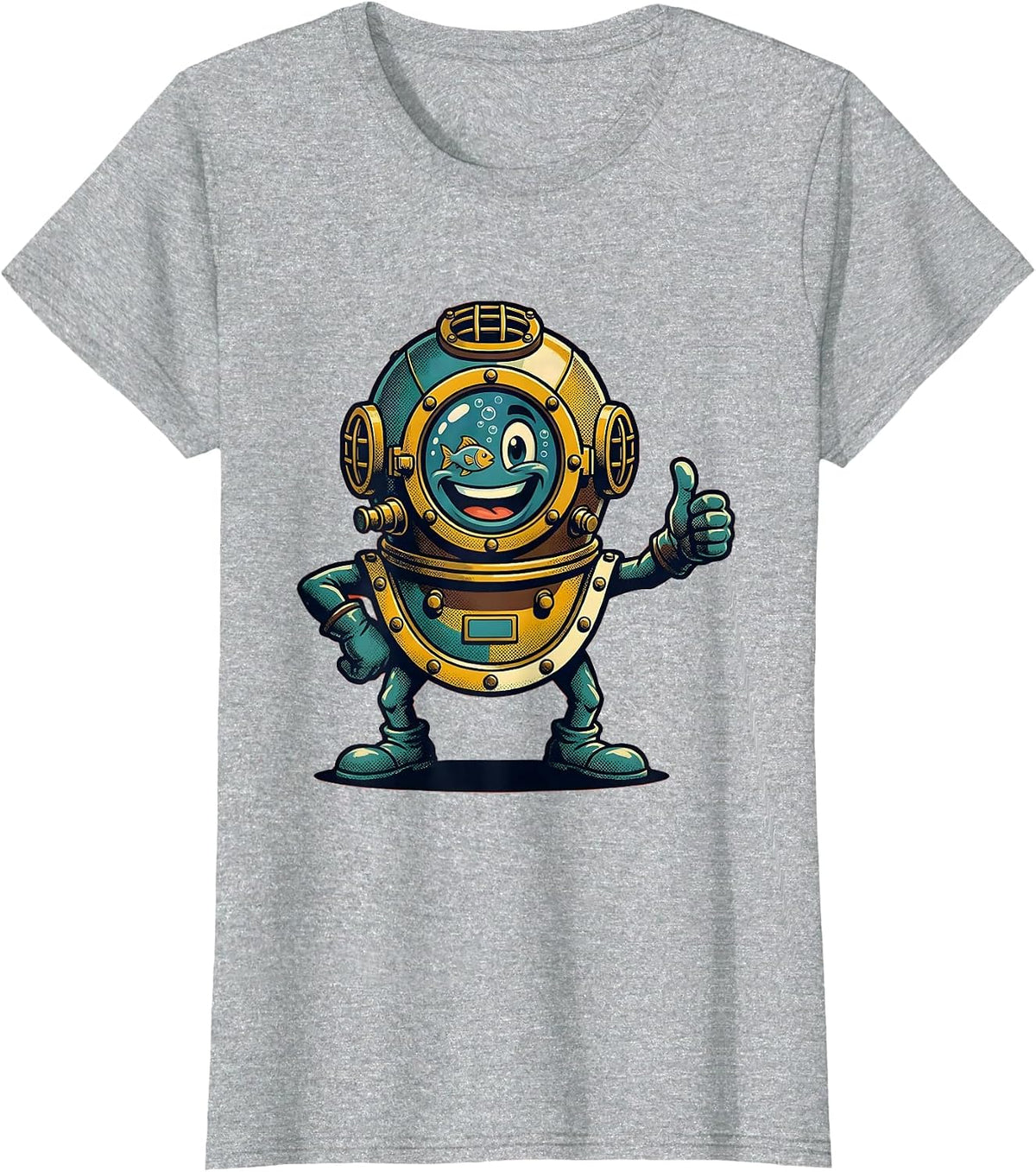 Vintage Diving Helmet Porthole Reflection Navy T-Shirt - Heather Grey