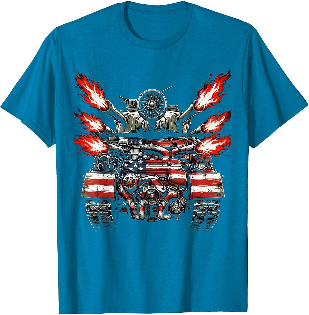 Hot Rod Engine Flames American Classic Graphic T-Shirt - Sapphire Blue