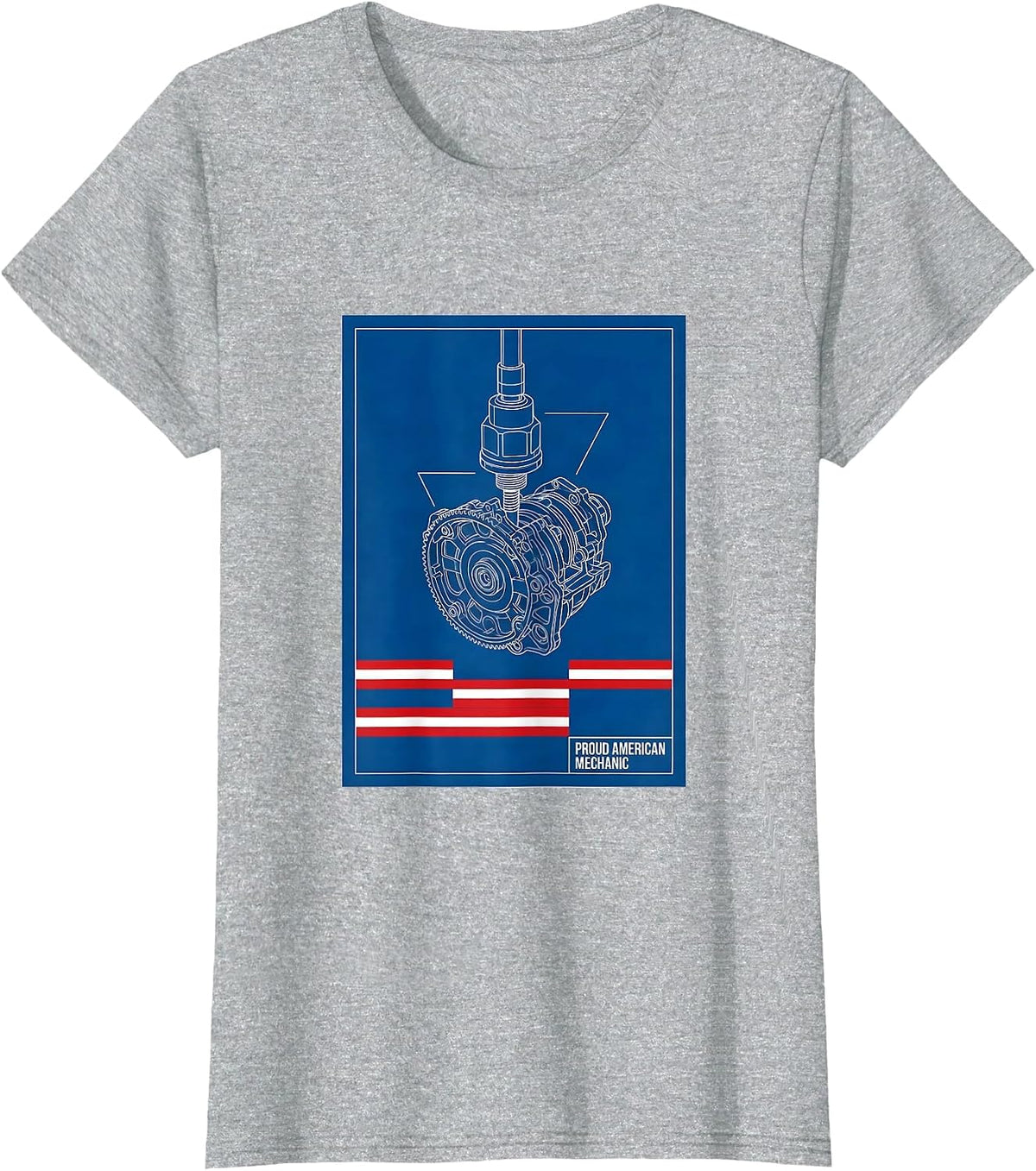 Proud American Mechanic Technical Blueprint USA Flag T-Shirt - Heather Grey