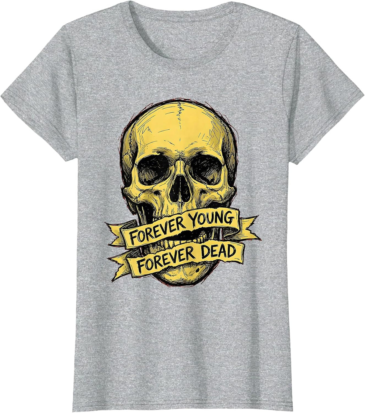 Forever Young Forever Dead Skull Graphic Design T-Shirt - Heather Grey