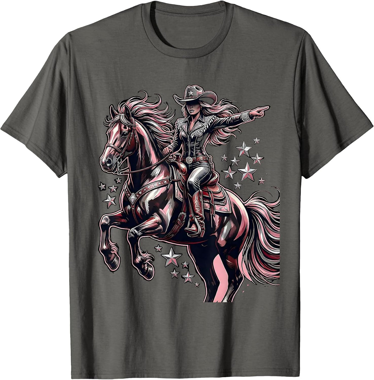 Bold Cowgirl On Horseback Western Riding Graphic T-Shirt - Asphalt Grey