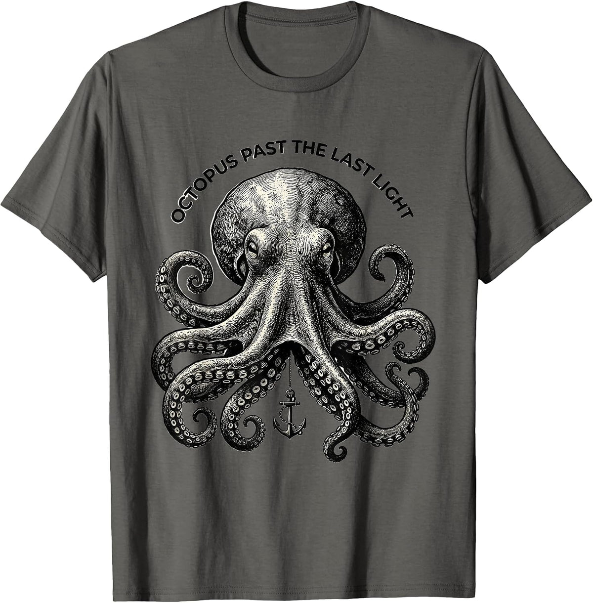 Octopus Past the Last Light Monochromatic Octopus Lover T-Shirt - Asphalt Grey
