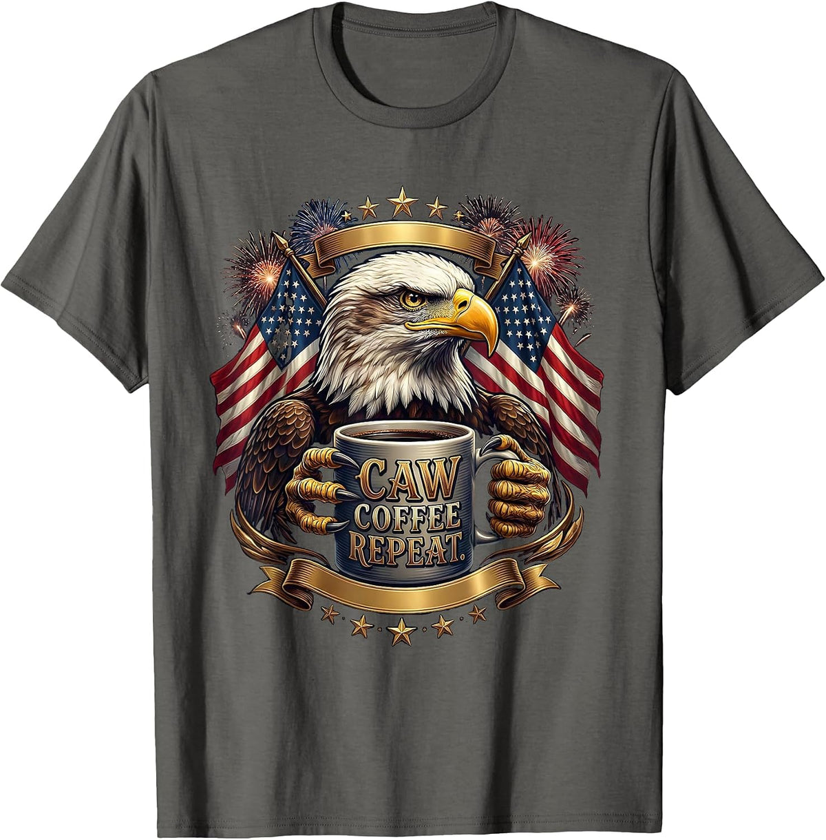 Men's Caw Coffee Repeat Funny Crow Bird Lover Design T-Shirt - Asphalt Grey