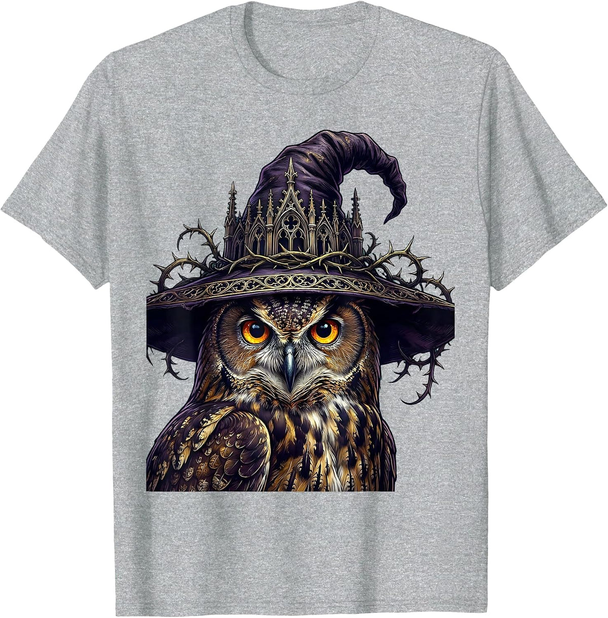 Men's Glowing Eyes Owl In Witch Hat Halloween Design T-Shirt - Heather Grey