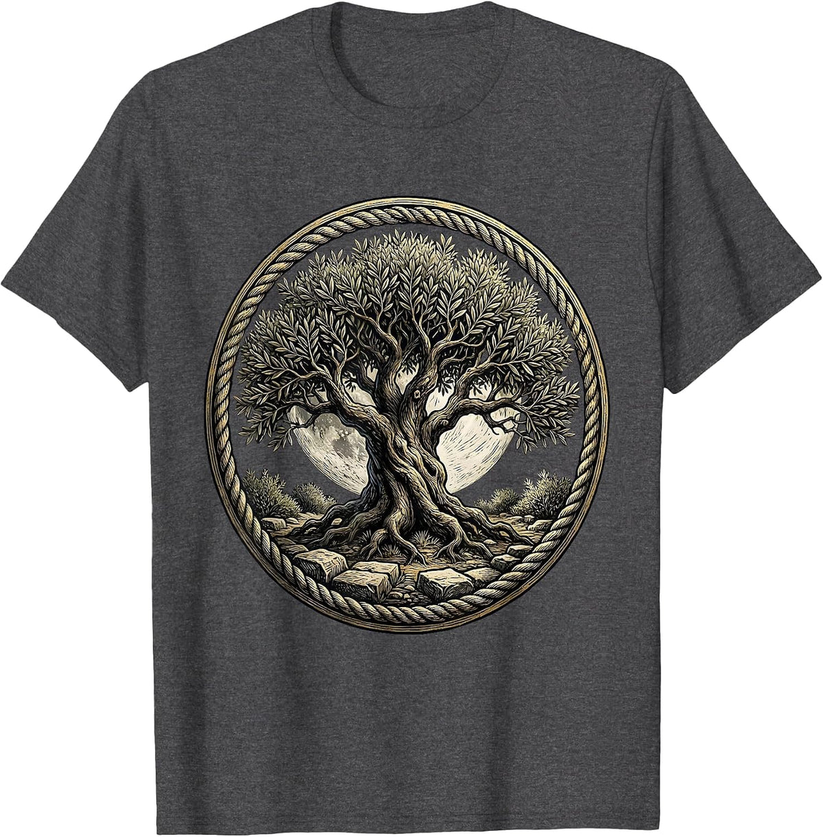Olive Tree Moonlit Gethsemane Garden Jesus Art T-Shirt - Dark Heather Grey