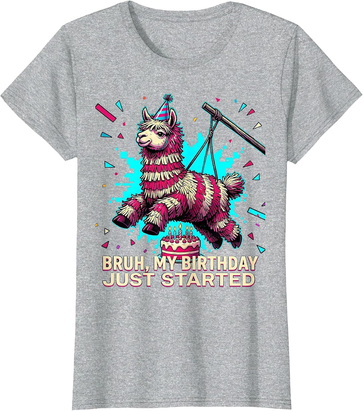 Women's Bruh My Birthday Just Started Comic Book Llama Piñata Gamer T-Shirt - Heather Grey