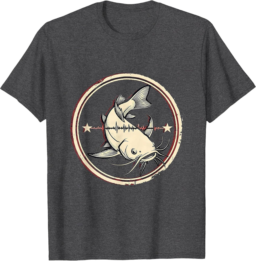 Men's Broad Channel Catfish Emblem Angler Fishing Enthusiast T-Shirt - Dark Heather Grey