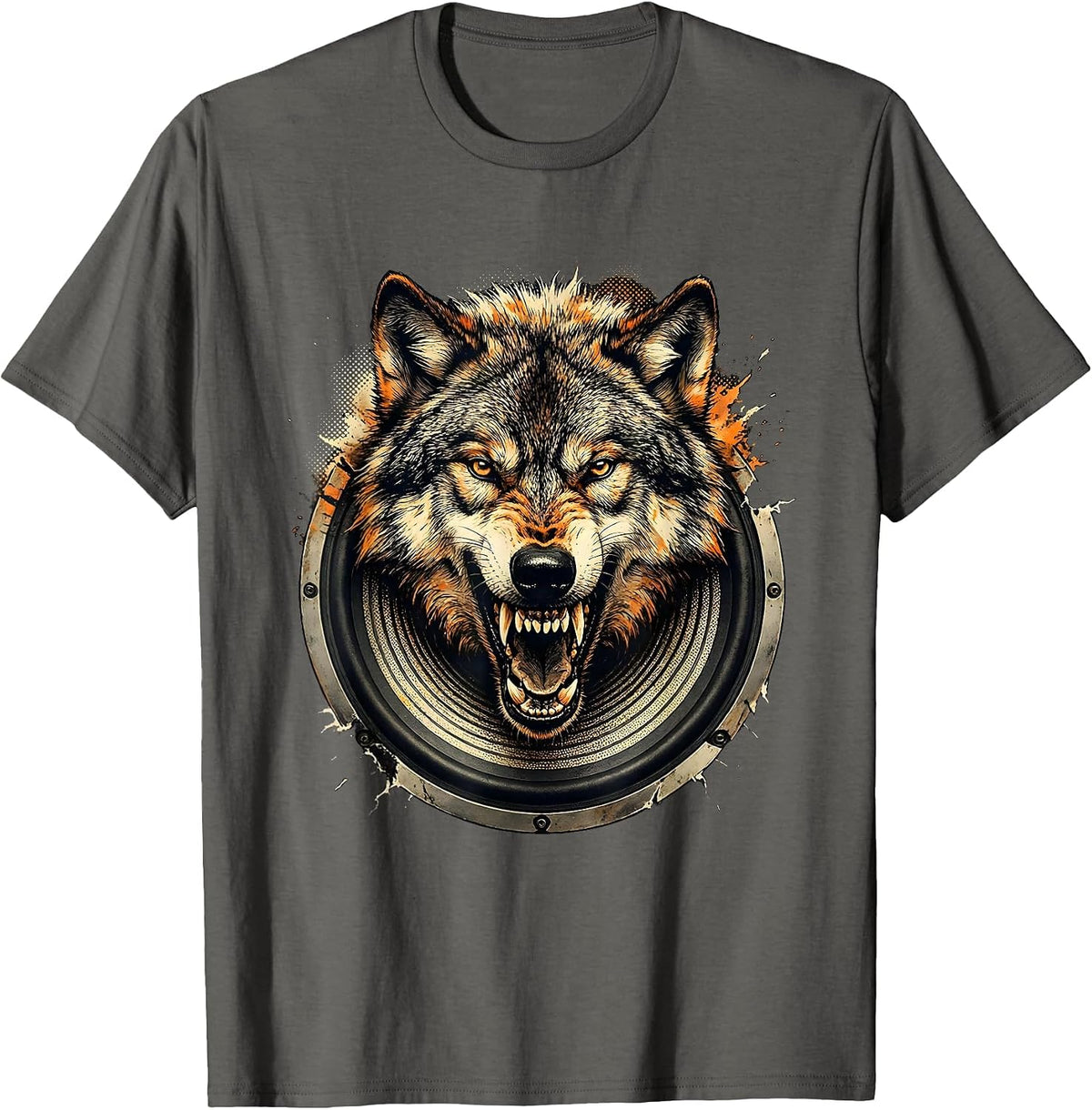 Men's Grunge Wolf Emerging From Speaker Static T-Shirt - Asphalt Grey