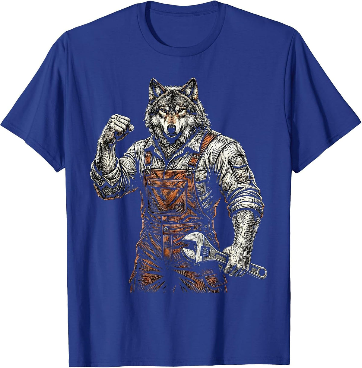 Wolf Mechanic in Coveralls Holding a Wrench T-Shirt - Royal Blue