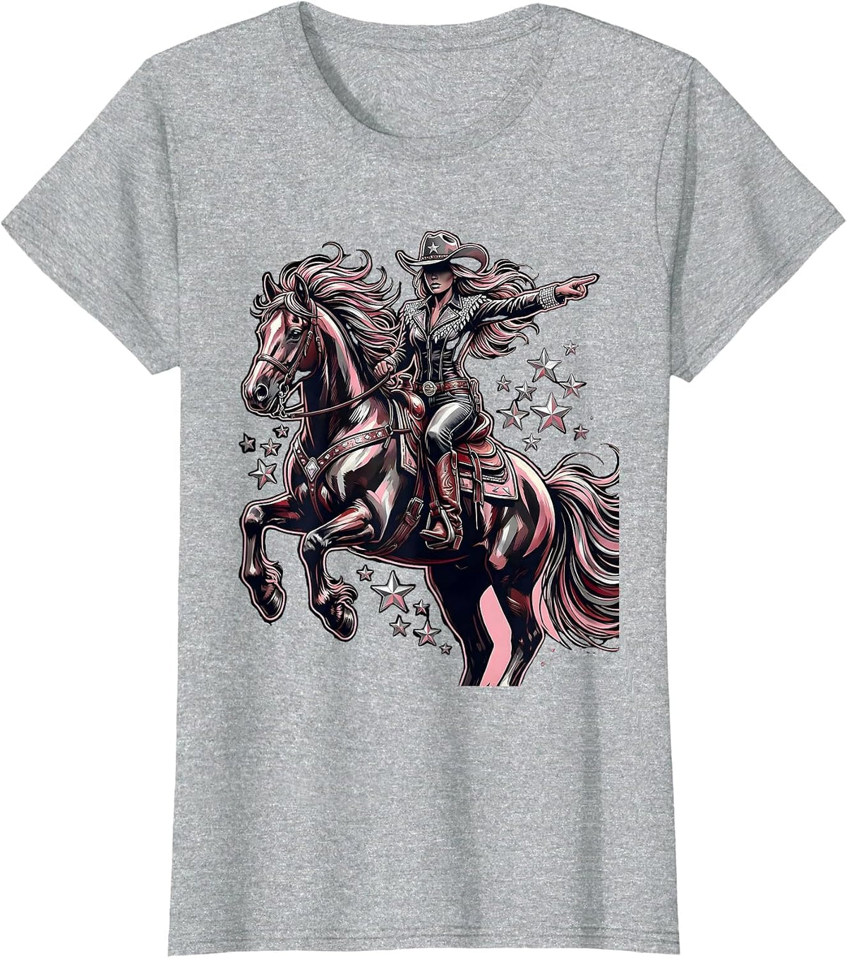 Bold Cowgirl On Horseback Western Riding Graphic T-Shirt - Heather Grey