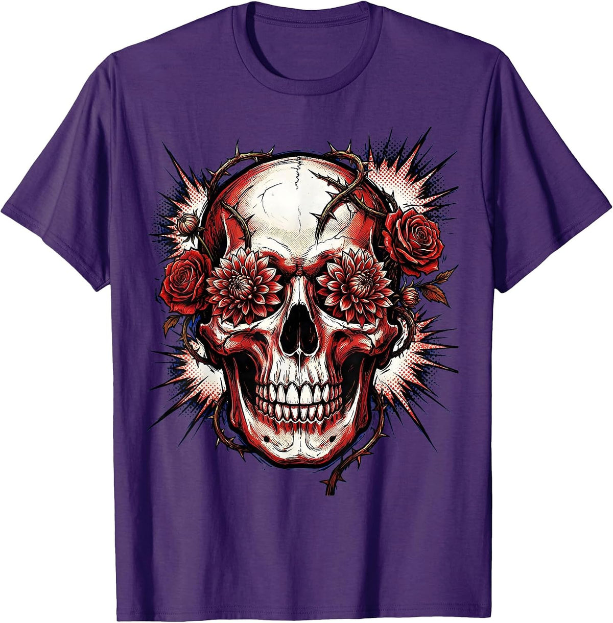 Skull With Blooming Flowers Rock Band Graphic T-Shirt - Purple
