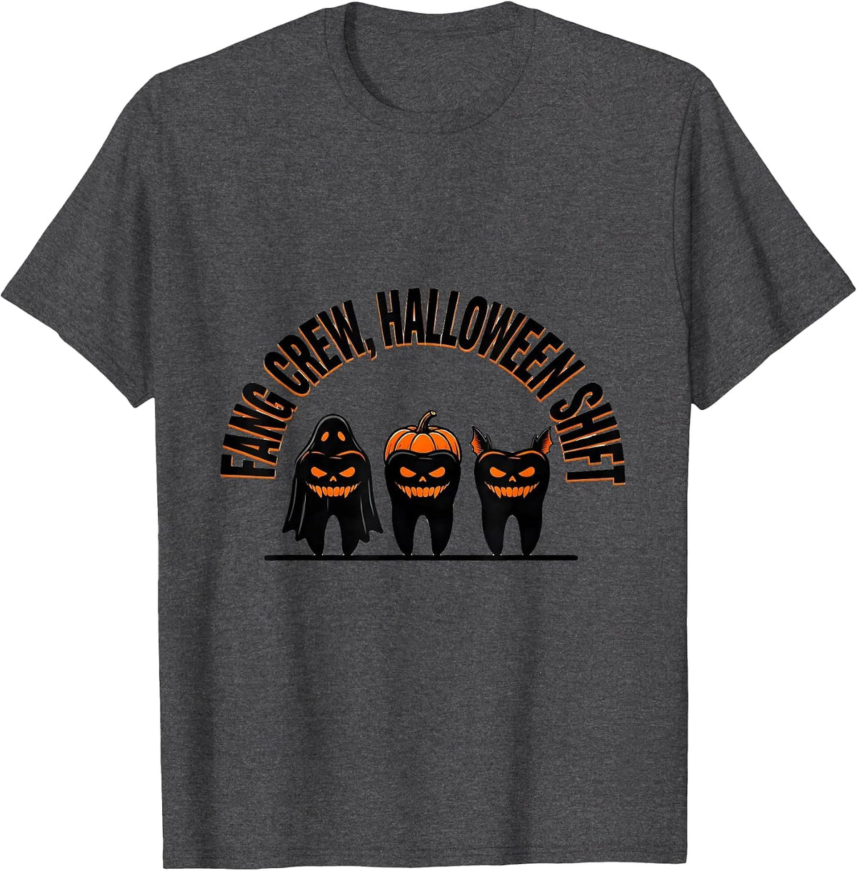 Fang Crew Halloween Shift Funny Dentist Dental Hygienist T-Shirt - Dark Heather Grey