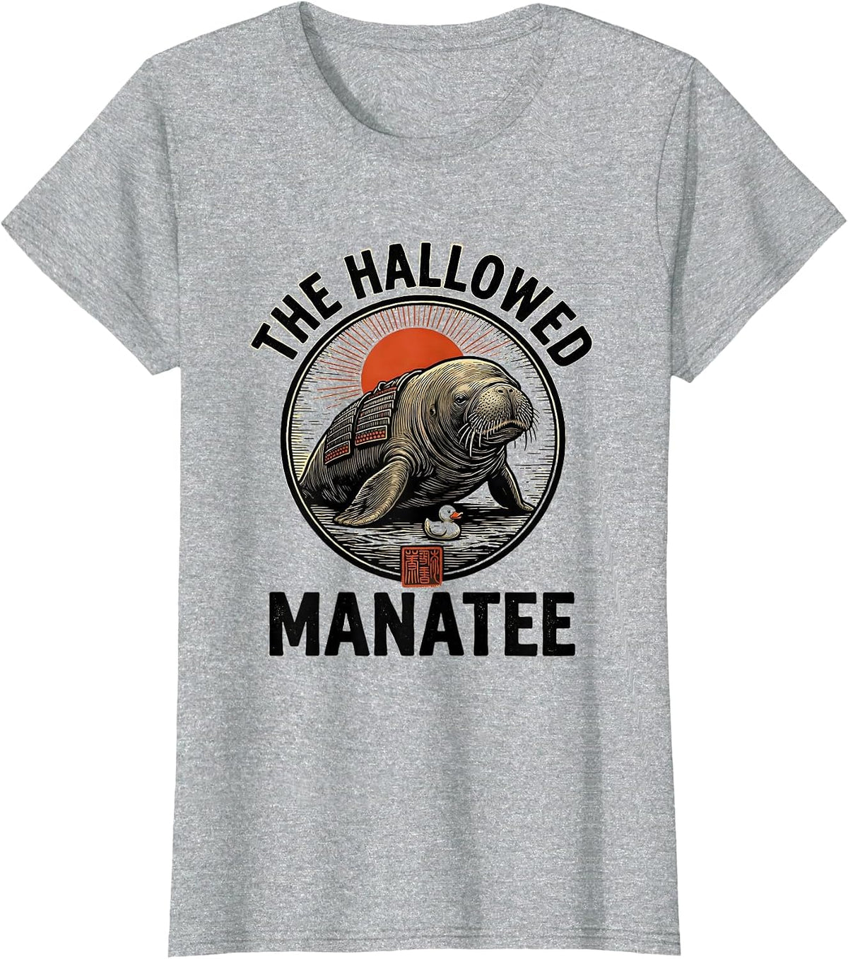 The Hallowed Manatee Samurai Japanese Ukiyo-e Anime Humor T-Shirt - Heather Grey