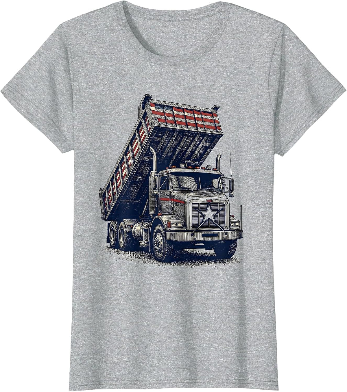 Women's Heavy Dump Truck Crosshatch Etching Patriotic Driver T-Shirt - Heather Grey
