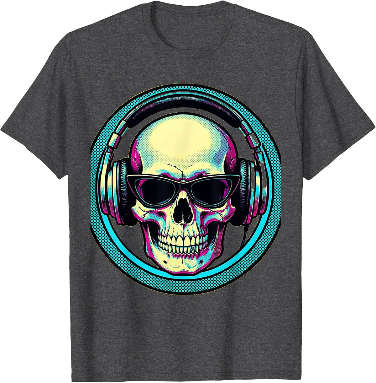 Skull Vintage Headphones Sunglasses Band Graphic T-Shirt - Dark Heather Grey