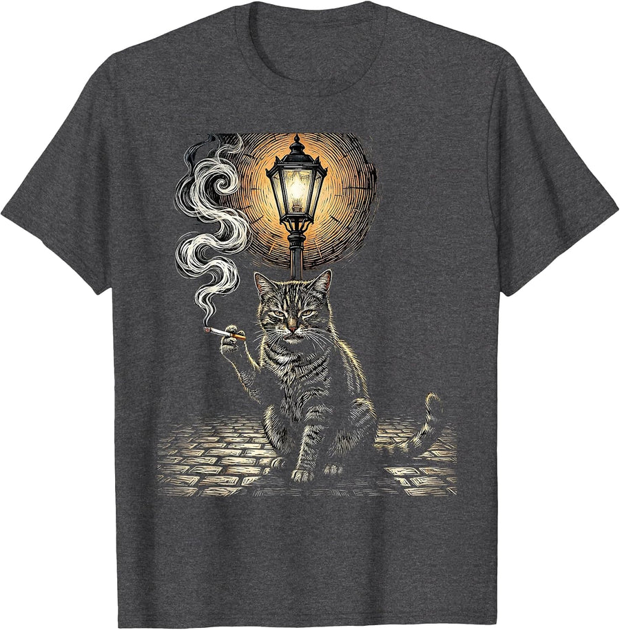 Men's Alley Cat Smoking Under Streetlamp Illustration T-Shirt - Dark Heather Grey