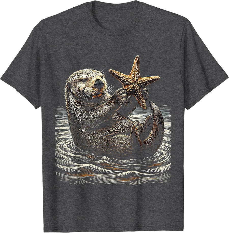 Men's Sea Otter Holding Starfish Above Water T-Shirt - Dark Heather Grey