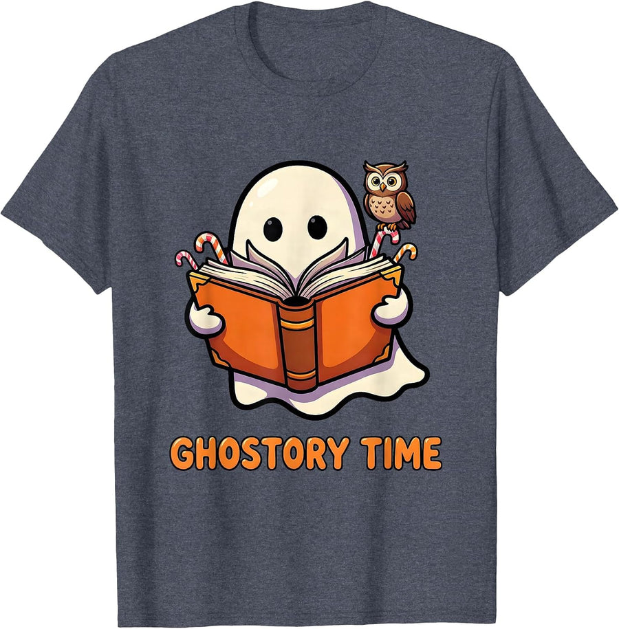 Ghostory Time Cartoon Teacher Book Lover Fall Pumpkin T-Shirt - Heather Blue