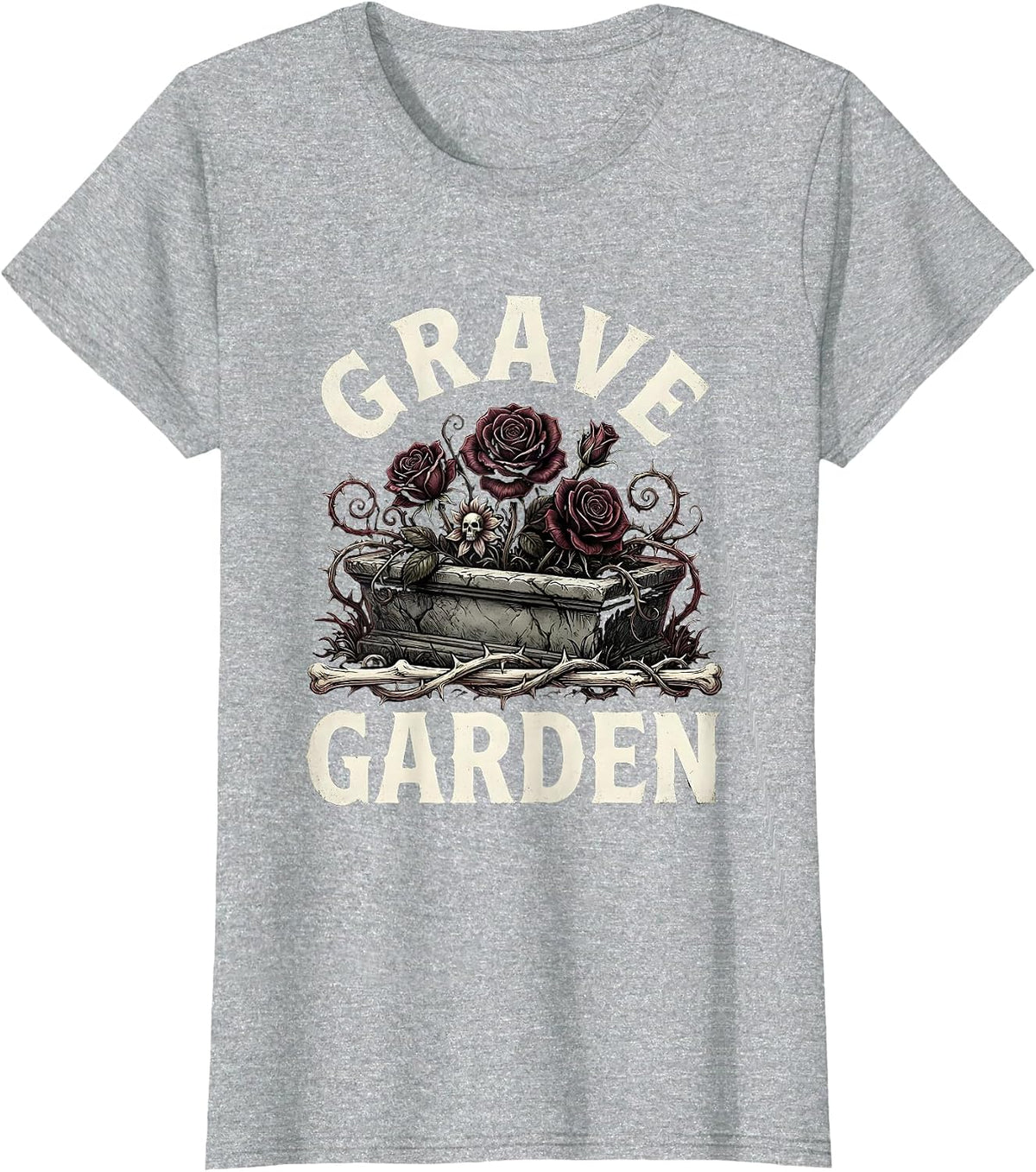 Grave Garden Horror Gothic Occult Illustration Dark Art T-Shirt - Heather Grey