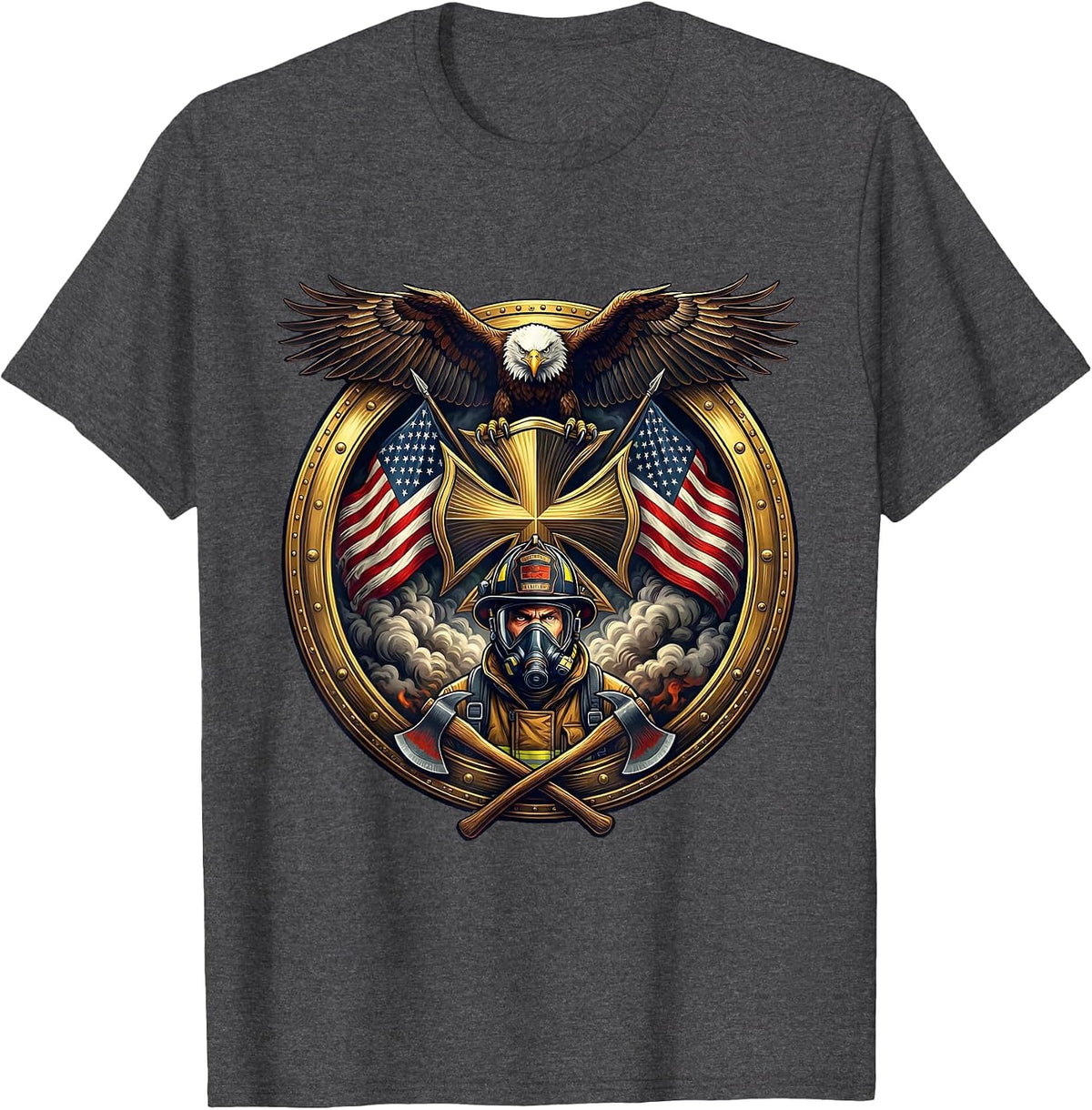 Men's Firefighter Emerging From Smoke Oxygen Mask T-Shirt - Dark Heather Grey