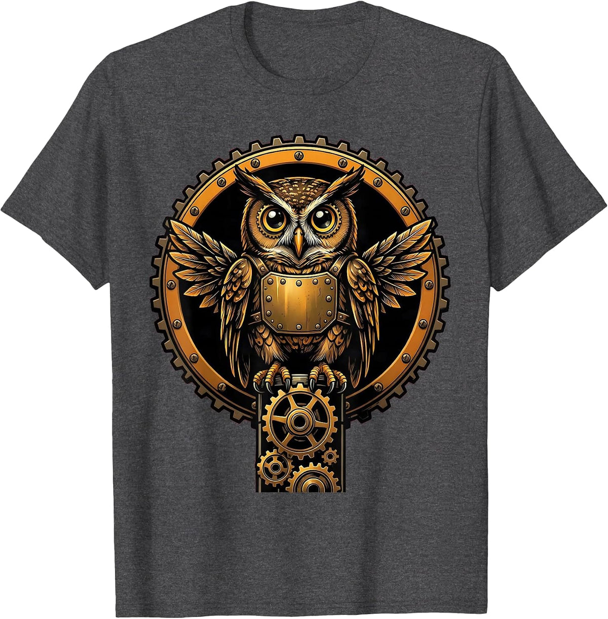 Men's Steampunk Mechanical Owl on Gear Stack Design T-Shirt - Dark Heather Grey