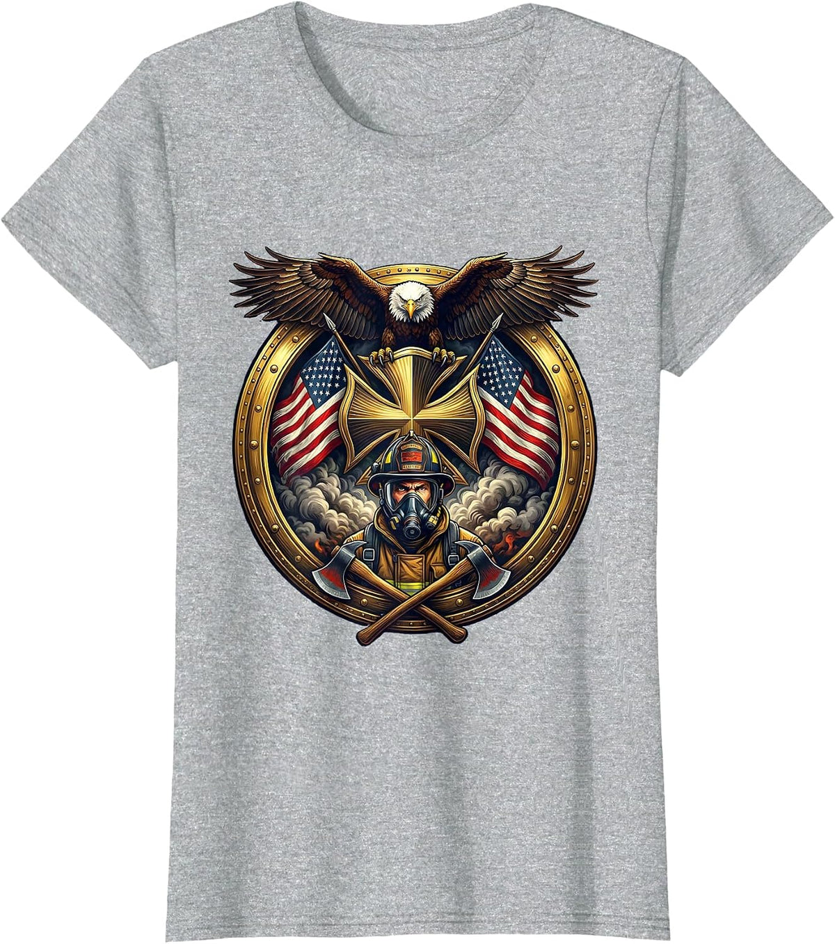 Women's Firefighter Emerging From Smoke Oxygen Mask T-Shirt - Heather Grey