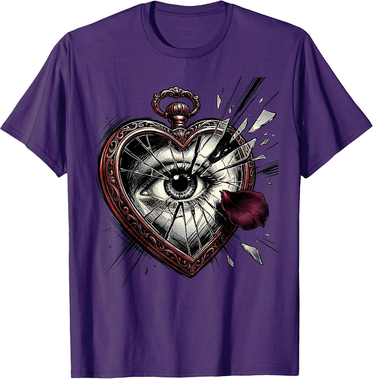 Emo Cracked Locket Mirror Gothic Design T-Shirt - Purple