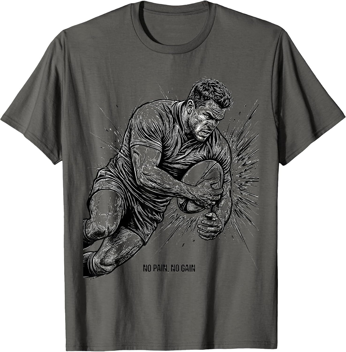 No Pain No Gain Rugby Graphic Design T-Shirt - Asphalt Grey