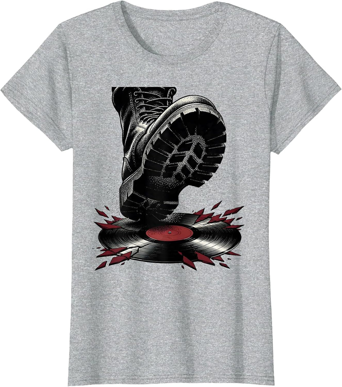 Punk Rock Boots Stomping Vinyl Record Graphic T-Shirt - Heather Grey