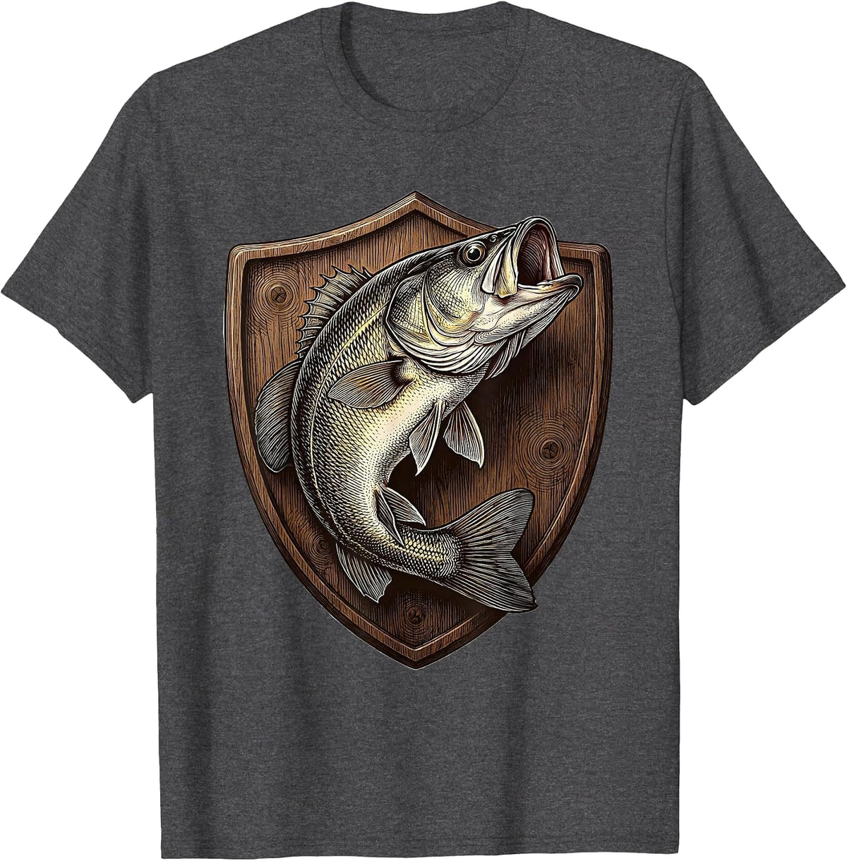 Men's Trophy Bass Mounted Plaque Fishing Graphic T-Shirt - Dark Heather Grey