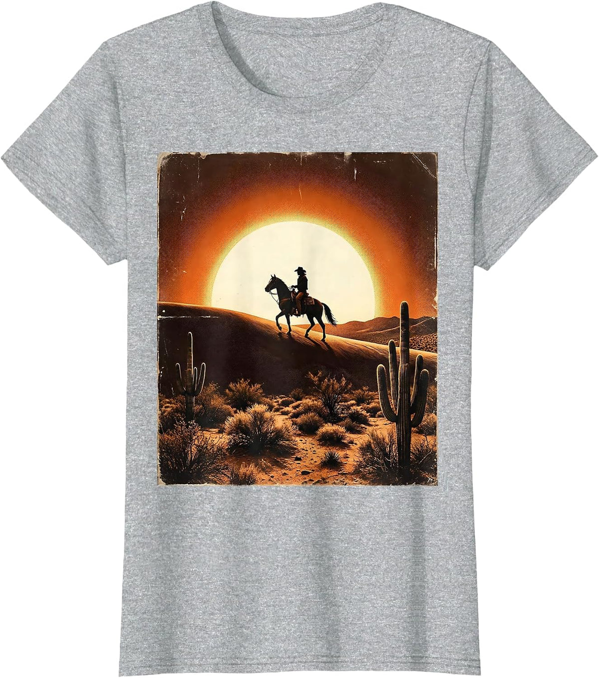 Lone Cowboy Riding at Dusk Texas Desert Design T-Shirt - Heather Grey