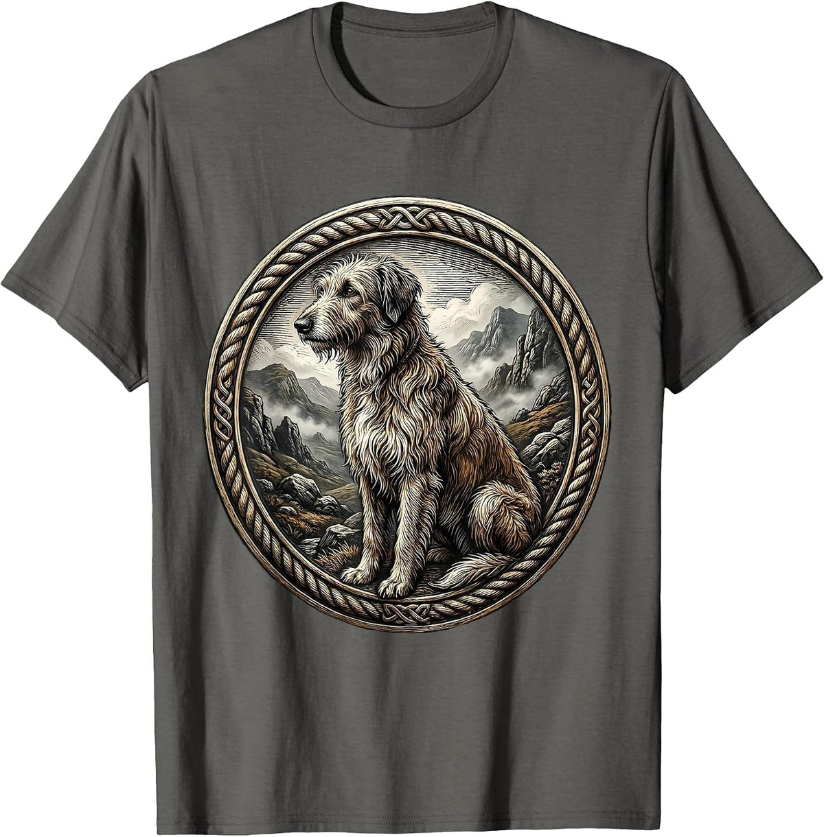 Men's Irish Wolfhound in Misty Landscape Illustration T-Shirt - Asphalt Grey